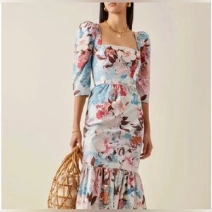 Cara Cara Light Blue Floral Square-Neck Midi Dress